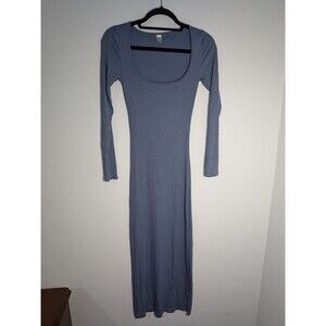 Ribbed Knit Midi Dress Women's M Blue Rayon Spandex Long Sleeve Bodycon EUC
